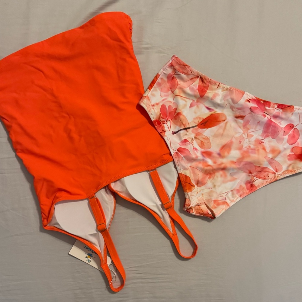 Beachsissi Orange Tankini Top and Floral Bikini Bottom - Picture 2 of 15